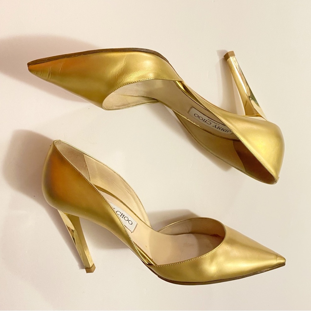 JIMMY CHOO METALLIC GOLD POINTED TOE METAL HIGH HEEL PUMPS - Picture 3 of 13